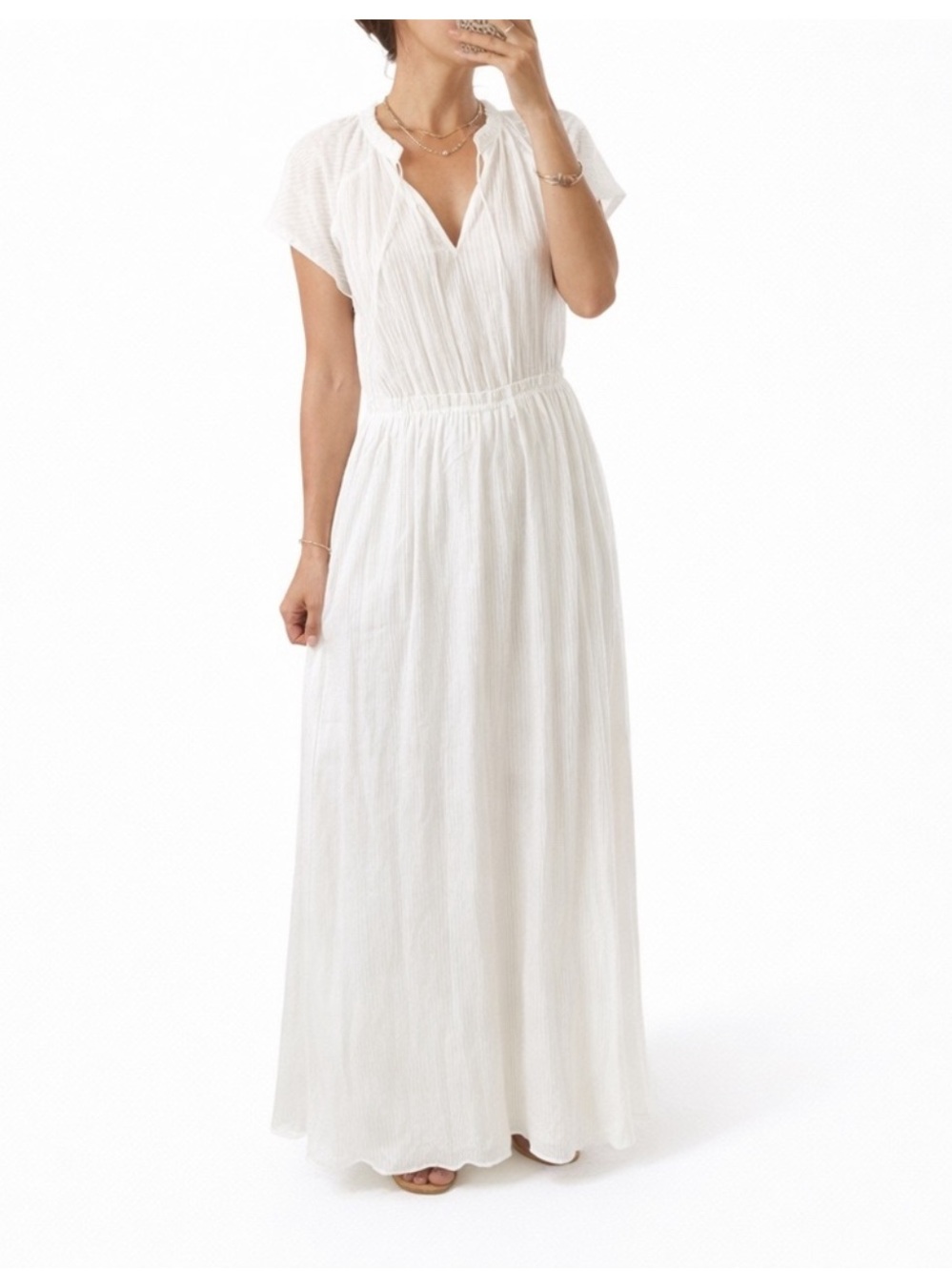Michael Stars White TonalStripe Flutter Sleeve Cotton Maxi Dress SZ M White